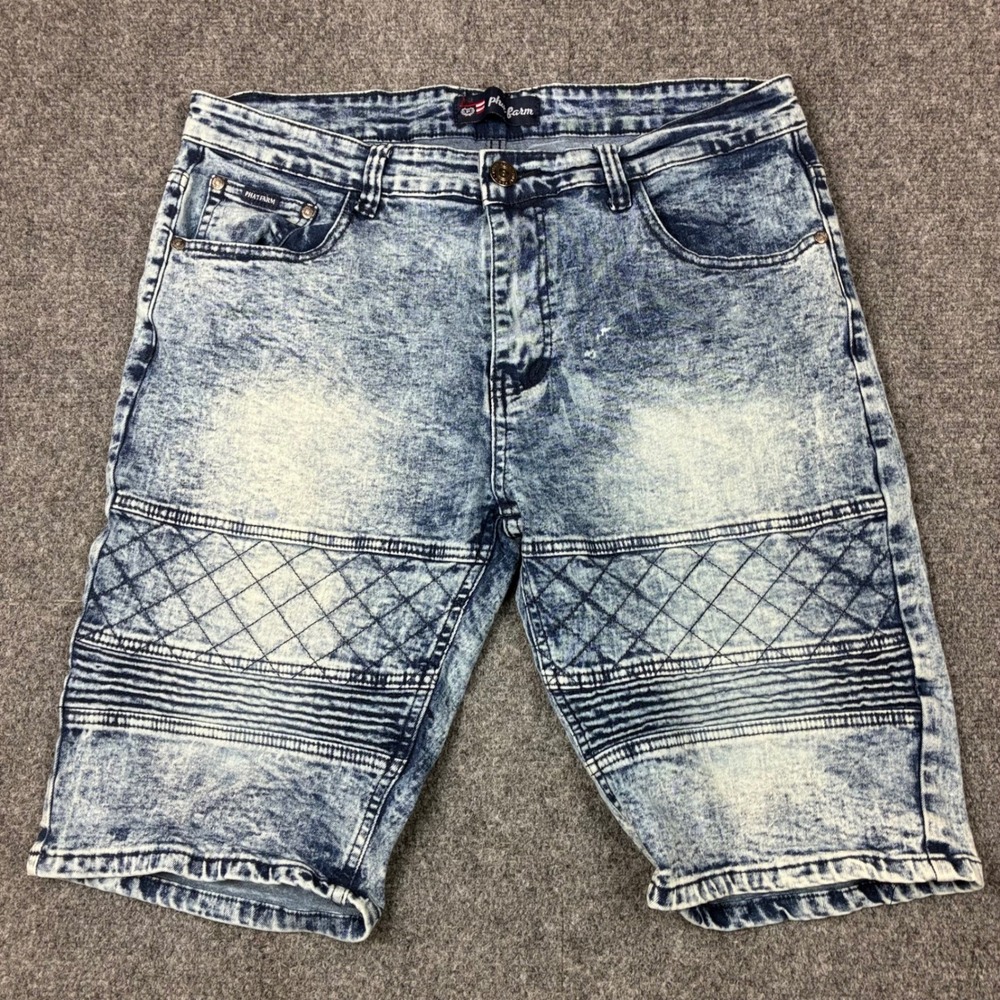 Phat Farm Mens Acid Wash Moto Denim Shorts Blue Stretch Quilted Size 34